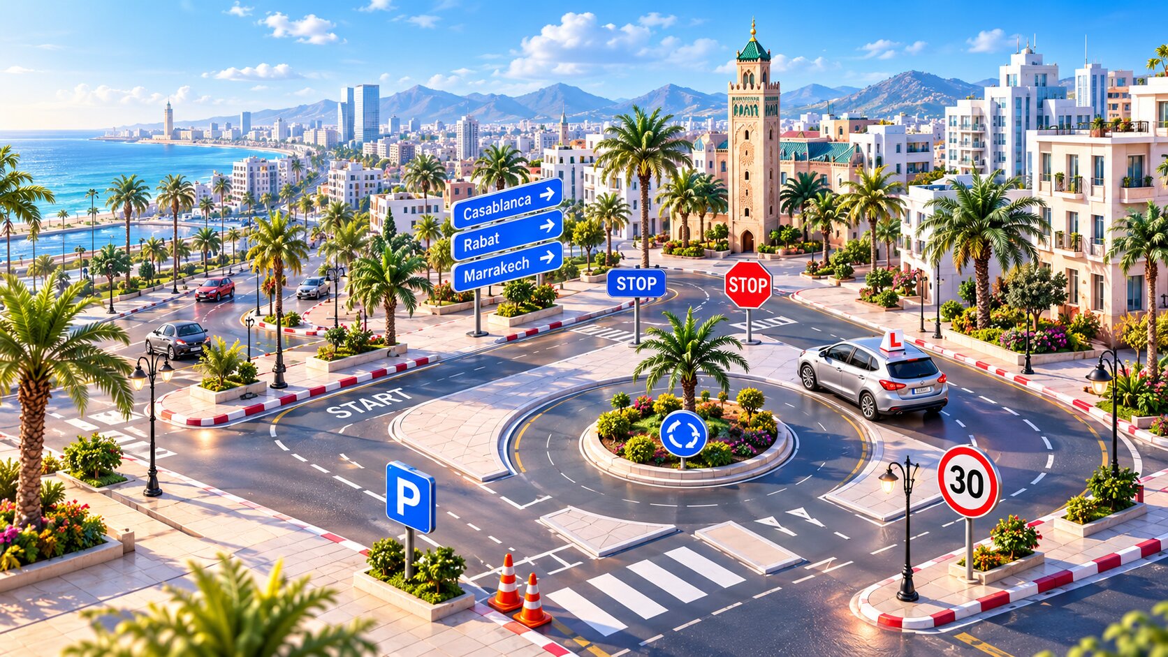 Permis Maroc — scène de conduite 3D au Maroc